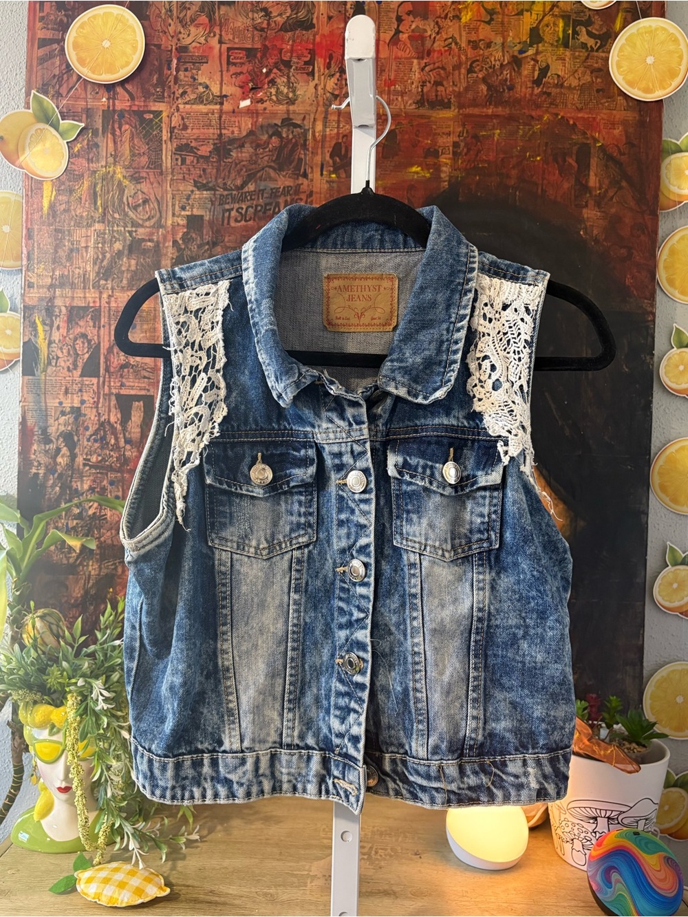 Amethyst Jeans Blue Denim Vest with White Crochet Shoulders Size M